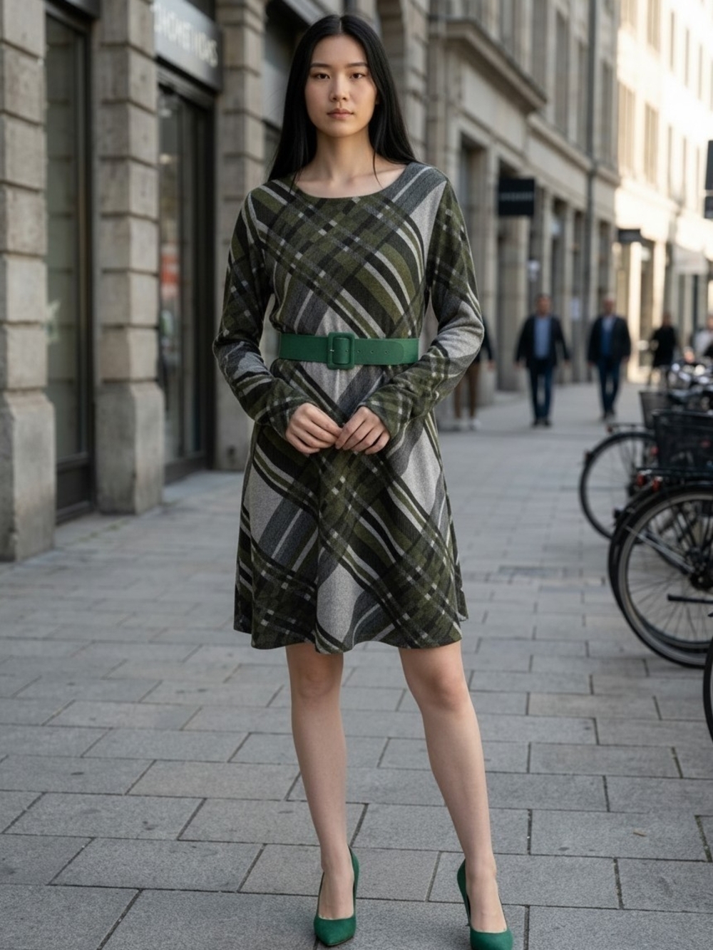 R&K Olive and Gray Plaid Long-Sleeve Dress with Green Belt